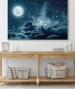 Moon Art Print, Sky Canvas, Stars Wall Art, Huge Canvas Wall Decor, Stars Art, Clouds Canvas, Moon Wall Decor, Night Sky Canvas Print
