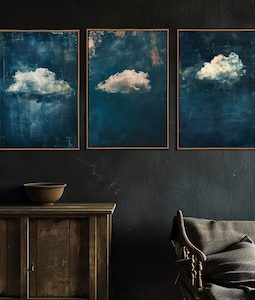 Cloud And Sky Wall Art, Abstract Dark Blue Cloud Sign, Vintage Living Room Decor, Minimalist Set Of 3 Canvas Print, Moody Clouds Canvas Art