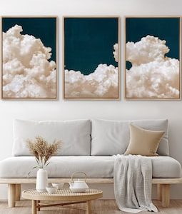 Framed Moody Sky Cloudscape Wall Art Set of 3, Minimalist Blue & White Clouds Canvas Prints, Modern Living Room Decor