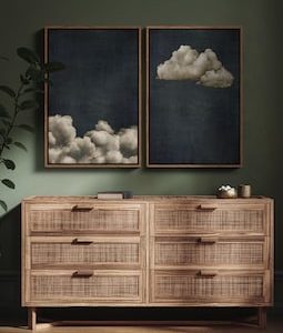 Framed Canvas Wall Art Set of 2 Moody Cloud Prints Dark Blue Sky and Stormy Clouds Poster Vintage Aesthetic artworks Bedroom Wall Decor