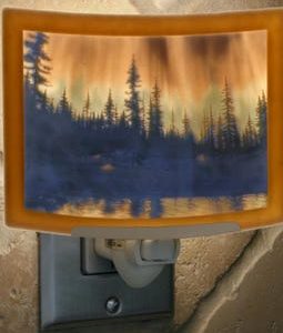 Northern Lights Night Light - Porcelain Lithophane Aurora Borealis Colored tree, nature, forest, sky themed plug in accent light