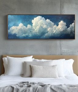 Minimal Cloud Wall Art Blue Sky Framed Canvas Calm Sky Painting Serene White Clouds on Navy Background Modern Home Office Bedroom Decor
