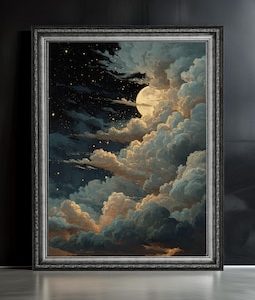 Moon and Clouds Art Print: Dreamy Celestial Night Sky