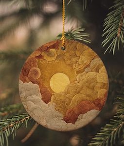Ceramic Ornament, Sun Rising Through Swirling Clouds, Golden Sky Decor