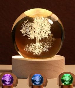 3D Tree of Life Crystal Ball Night Light, Laser Engraved Sphere with LED Base
