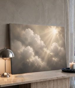 Heavenly Clouds Canvas Print, Sunlight Rays Wall Art, Ethereal Sky Decor, Religious Home Decor, Angelic Clouds, Large Beige Wall Art