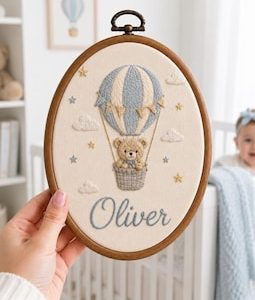 Personalized Hot Air Balloon Teddy Bear Baby Name Embroidery Hoop, Custom Blue Sky Nursery Wall Decor, Boy Name Sign