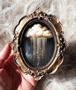 Cloud Painting Gold Celestial Fantasy Miniature Rain Wall Art Vintage Style Framed Dream Sky Nature Decor Small by VanyaS DarkessentialsS