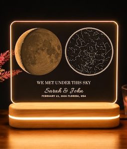 Custom Sky Anniversary Gift For Him, Unique Star Map And Moon Phase Night Light