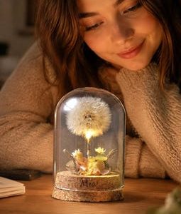 Personalized Dandelion Night Light, Custom Name Glass Dome Lamp, Warm LED Floral Bedside Decor, Unique Anniversary or Birthday Gift for Her